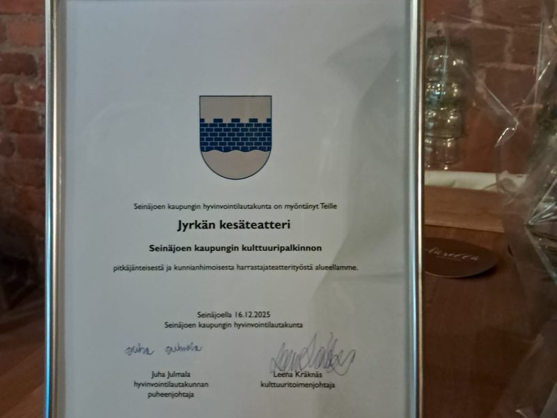 Seinäjoen kulttuuripalkinto Jyrkän kesäteatterille ja nuorisoseuralle